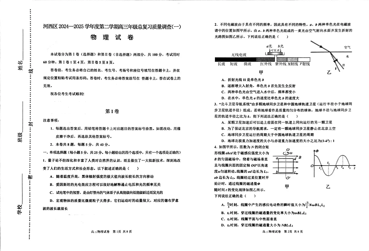 2025届天津市河西区高三下学期一模物理试卷第1页