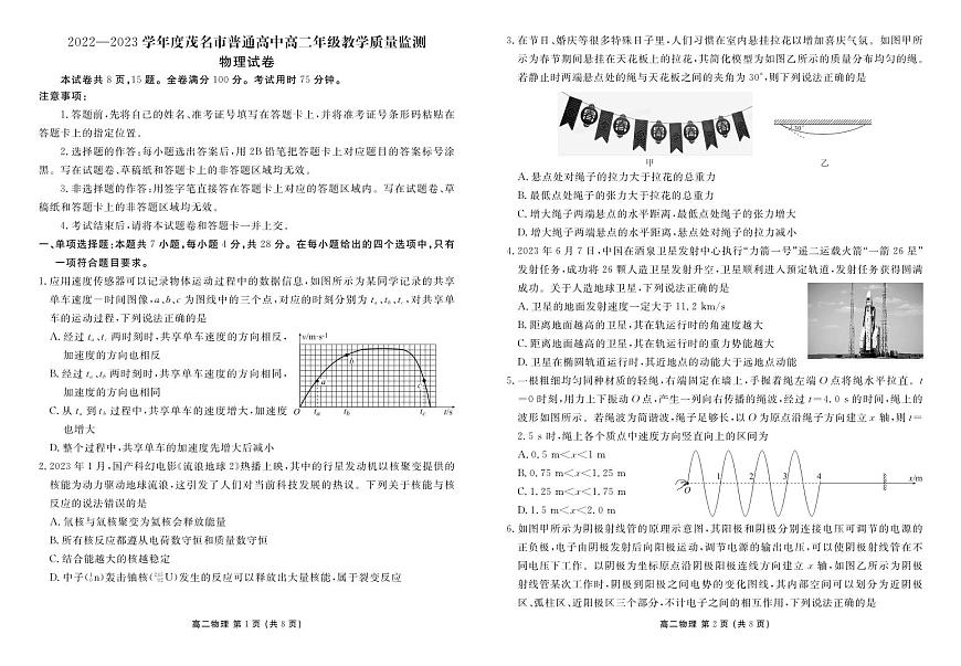 2024届广东省茂名市高二下学期（期末质检）物理试题（含答案）第1页