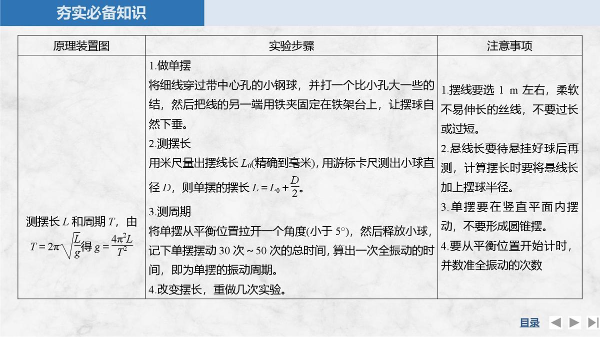 2025届高三物理一轮复习精品课件第七章机械振动和机械波实验九用单摆测量重力加速度的大小第4页