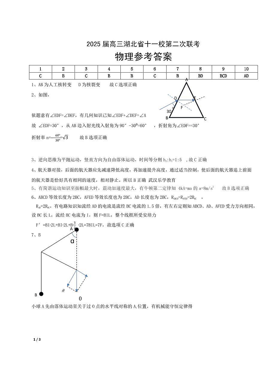 2025届湖北十一校高三第二次联考物理答案第1页