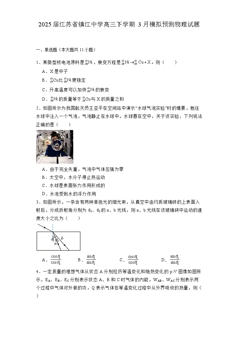江苏省镇江中学2025届高三下学期3月模拟预测 物理试题（含解析）第1页