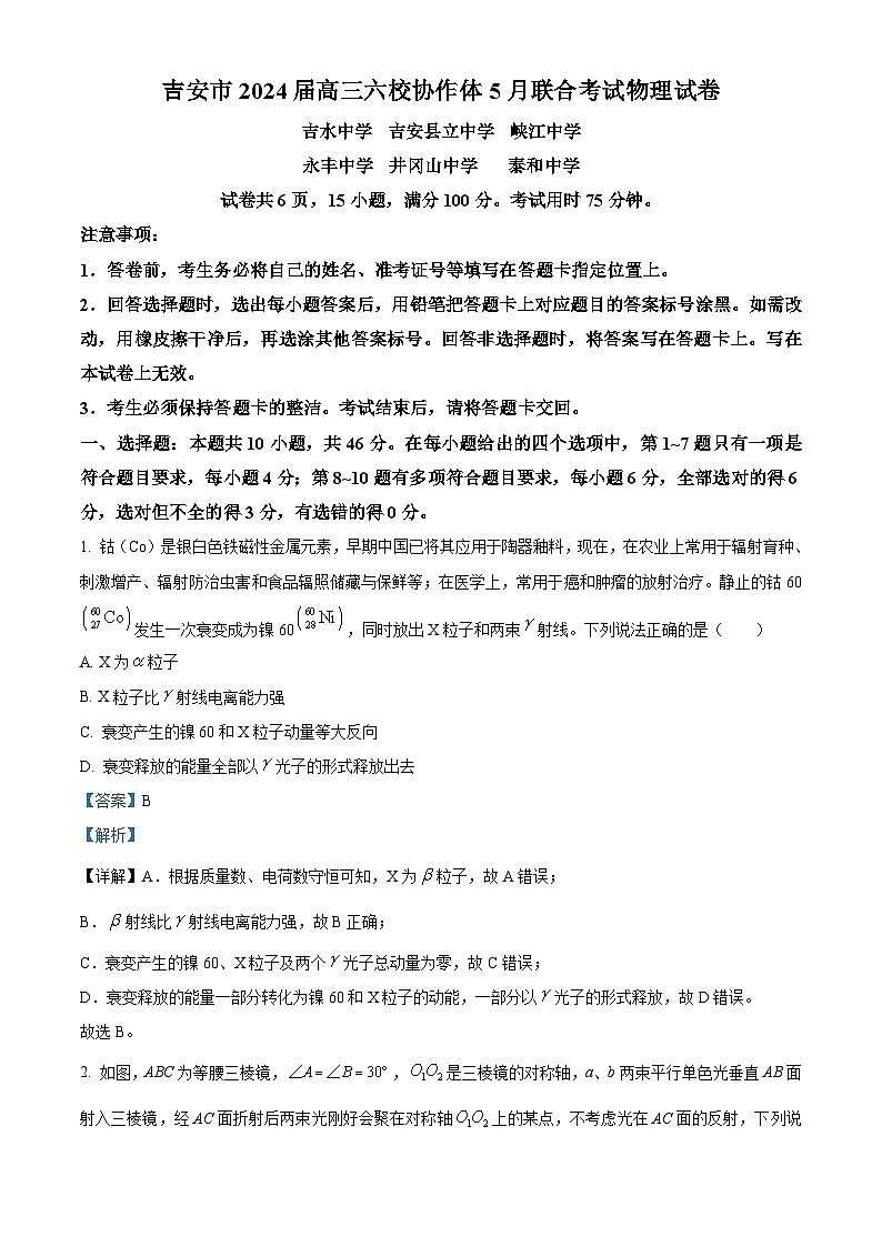 江西省吉安市六校协作体2024届高三下学期5月联合考试 物理 含解析第1页