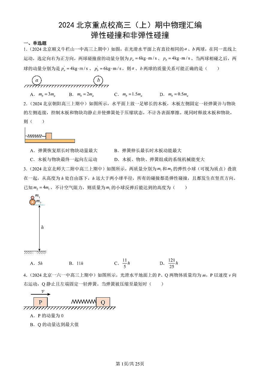 2024北京重点校高三（上）期中真题物理汇编：弹性碰撞和非弹性碰撞第1页