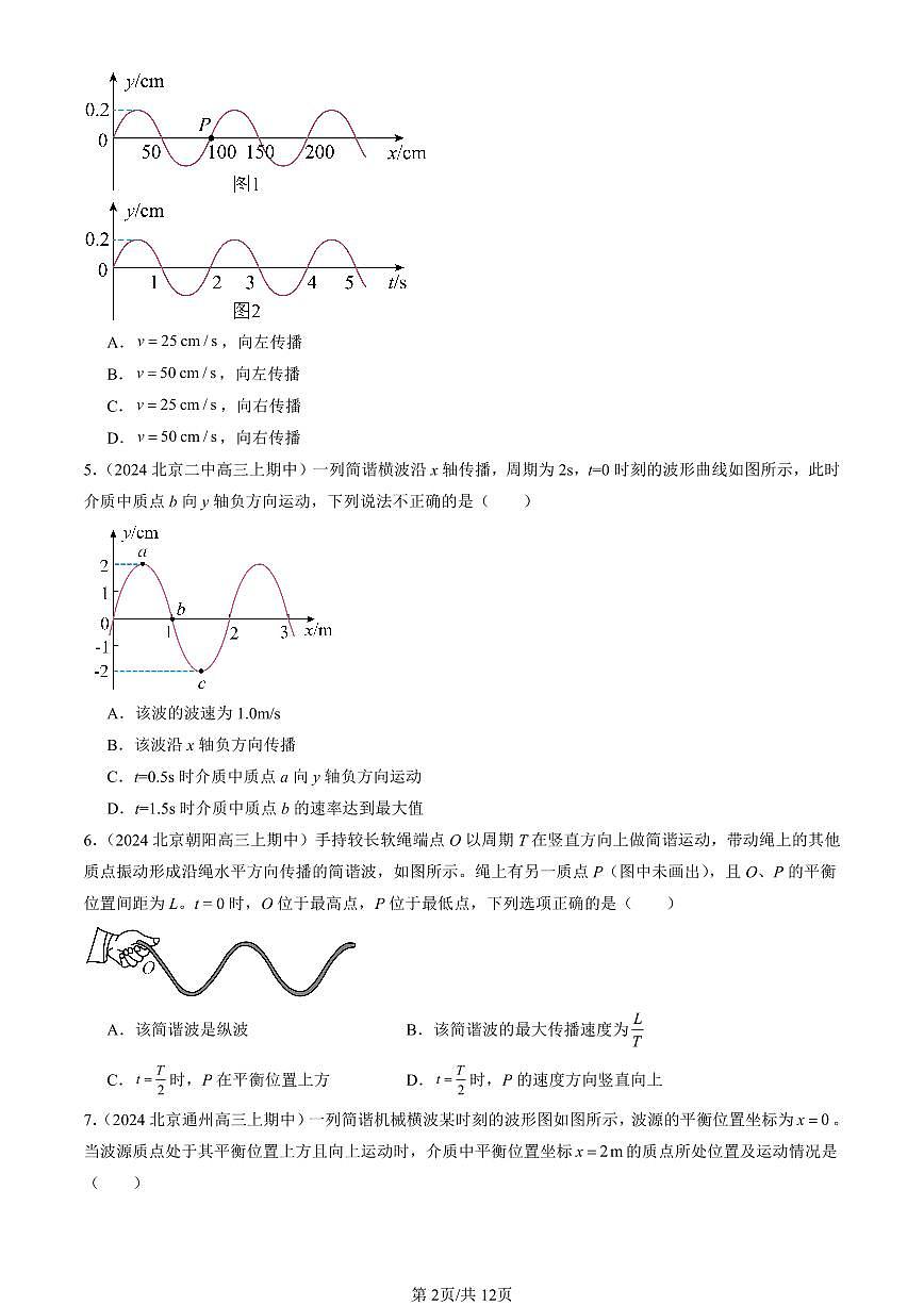 2024北京重点校高三（上）期中真题物理汇编：机械波章节综合试卷第2页