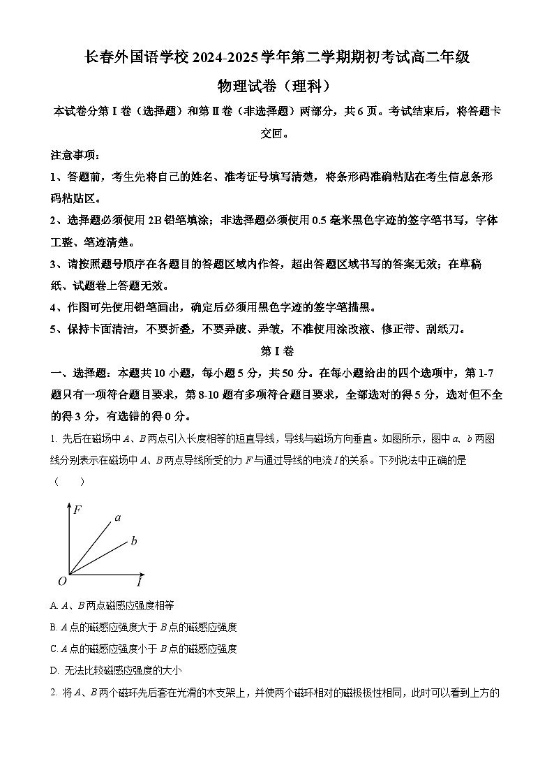 吉林省长春市长春外国语学校2024-2025学年高二下学期开学物理试题（原卷版+解析版）第1页