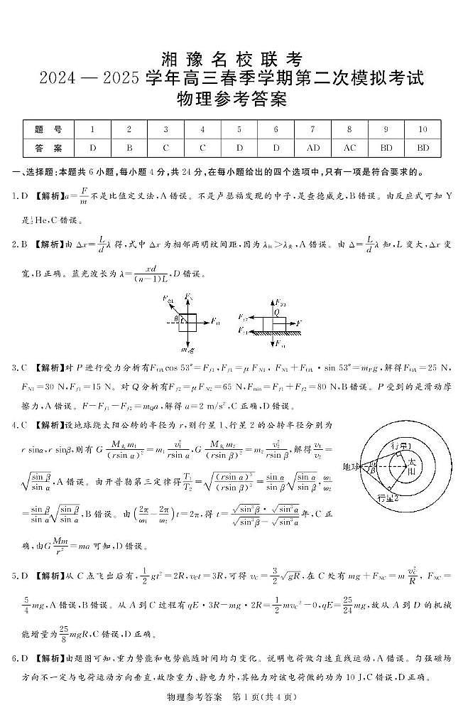 25.4湘豫联考高三物理参考答案第1页
