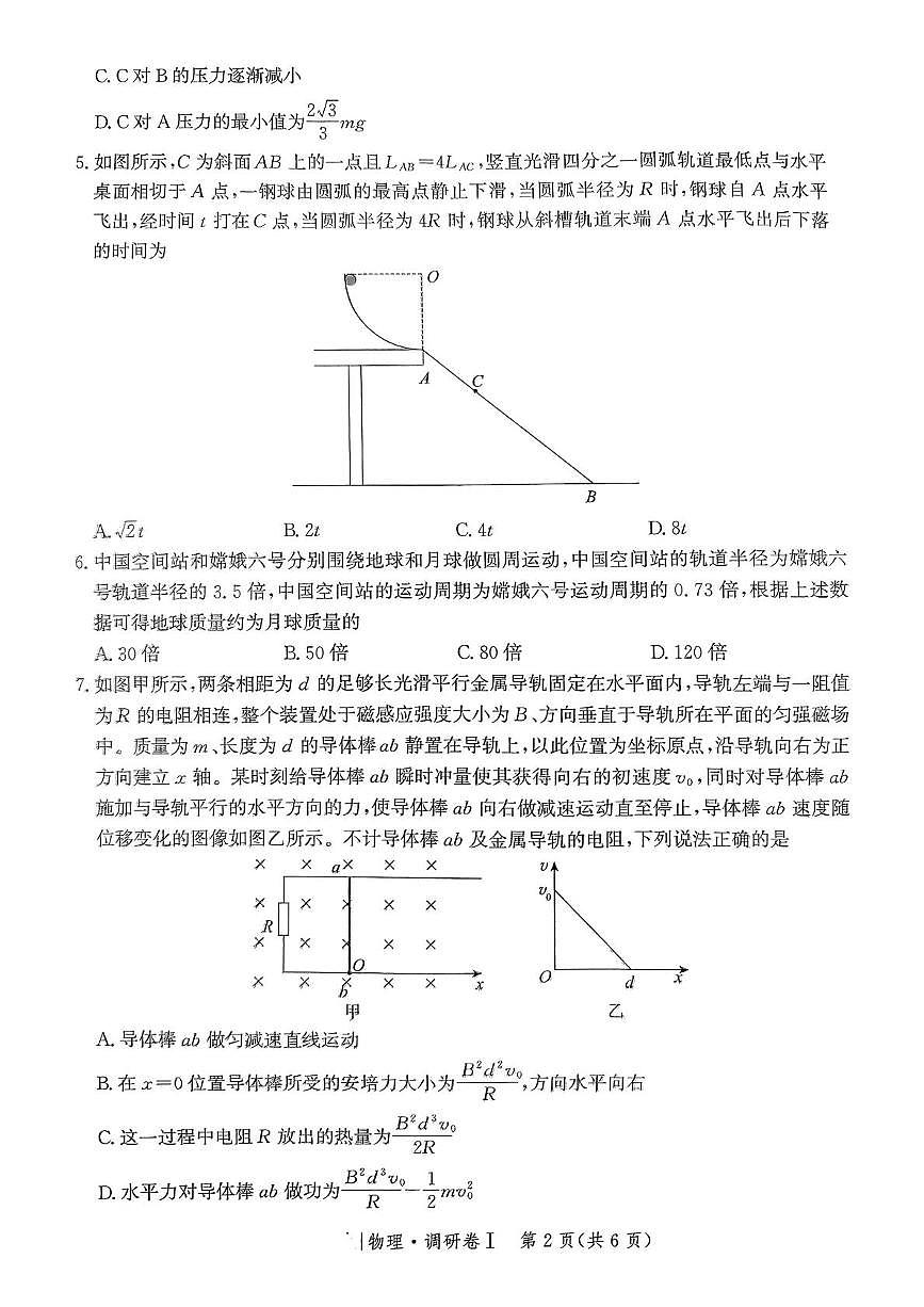 河北省2025年普通高中学业水平选择性考试·调研卷I物理+答案第2页