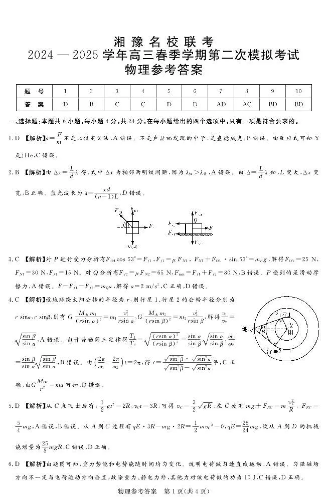 25.4湘豫联考高三物理参考答案第1页