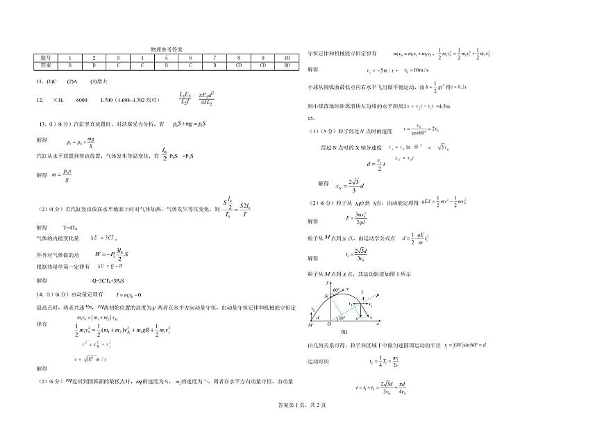江西省十校协作体2025届高三下学期第二次联考物理试卷 物理答案第1页