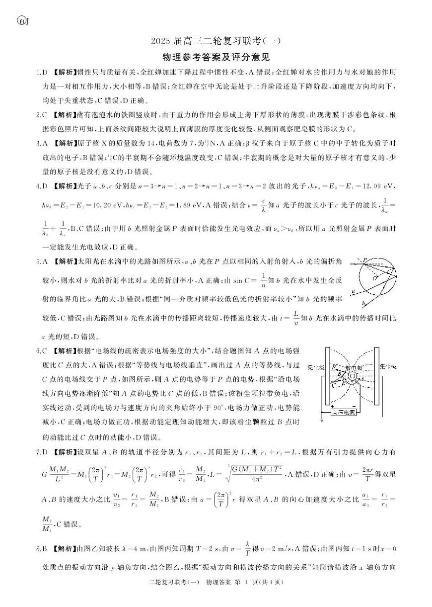 百师联盟2025届高三二轮复习联考（一）（百J）物理答案第1页