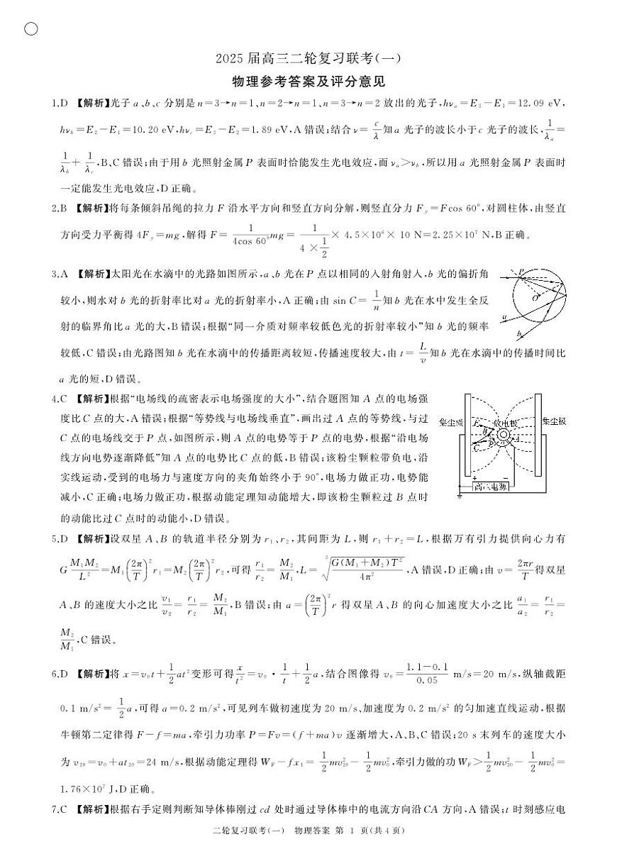 百师联盟2025届高三二轮复习联考（一）（百H）物理答案第1页