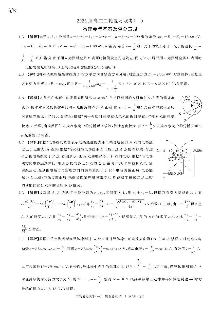 百师联盟2025届高三二轮复习联考（一）（百N）物理答案第1页
