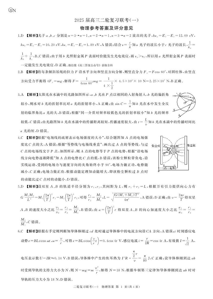 百师联盟2025届高三二轮复习联考（一）（百N）物理答案第1页