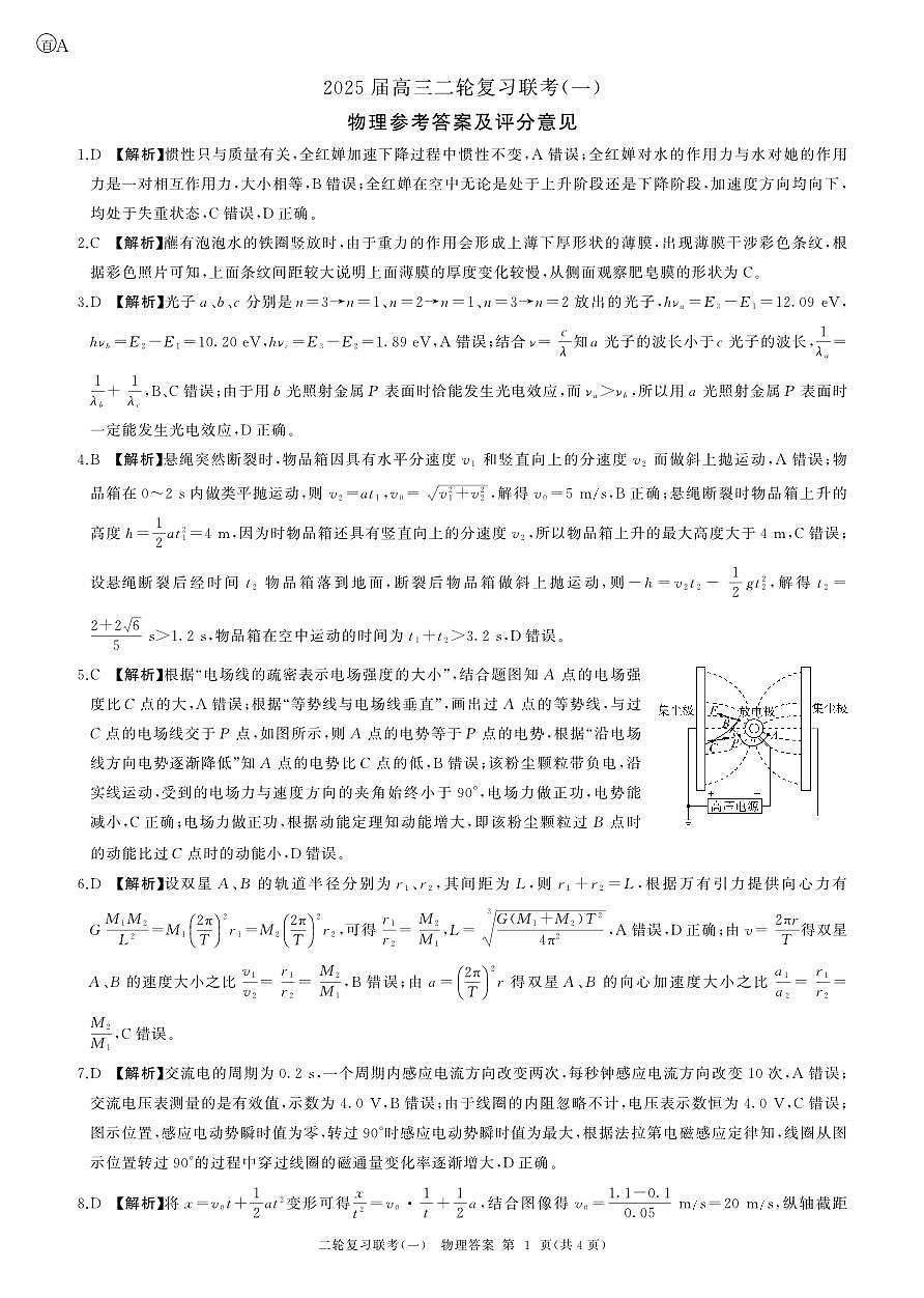 百师联盟2025届高三二轮复习联考（一）（百A）物理答案第1页