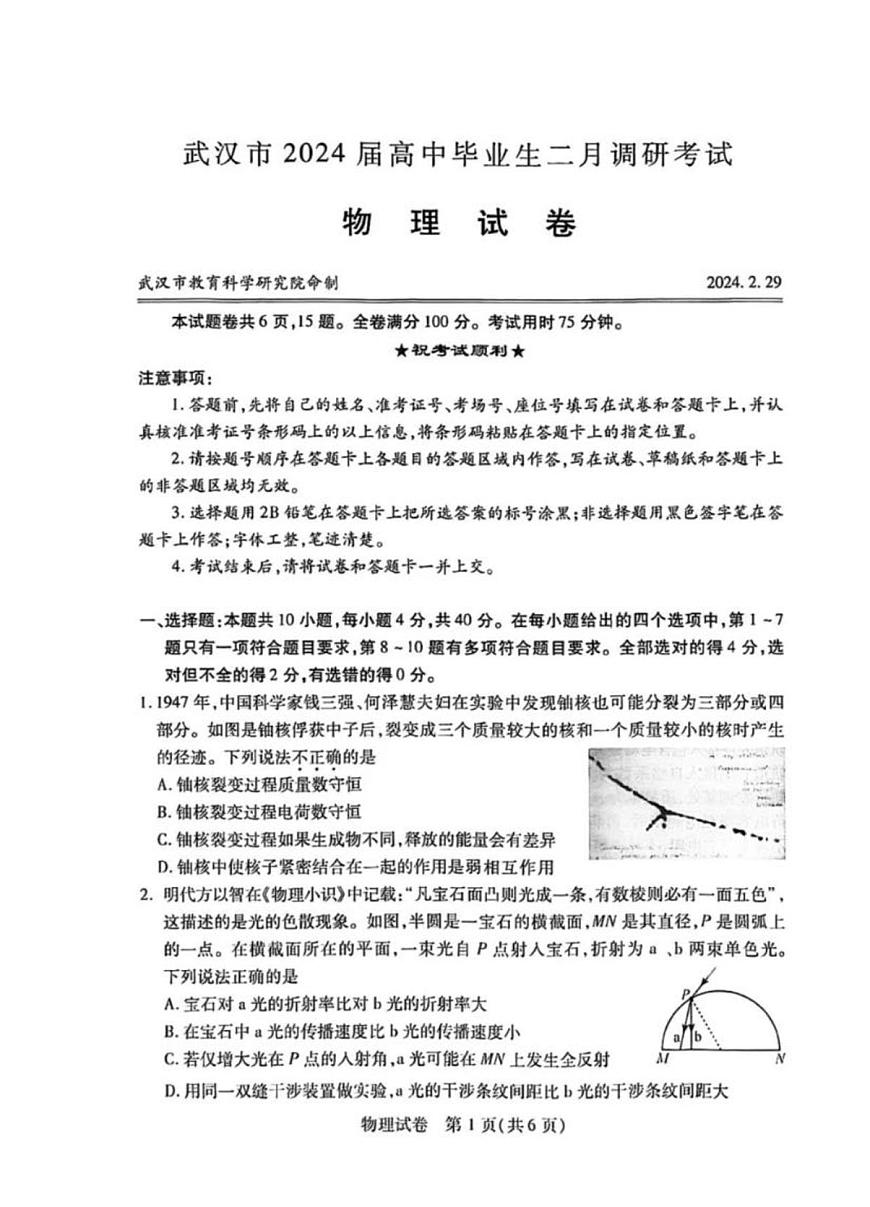 2024届湖北省武汉市高中毕业生调研考试（3月）-物理试题（含答案）第1页