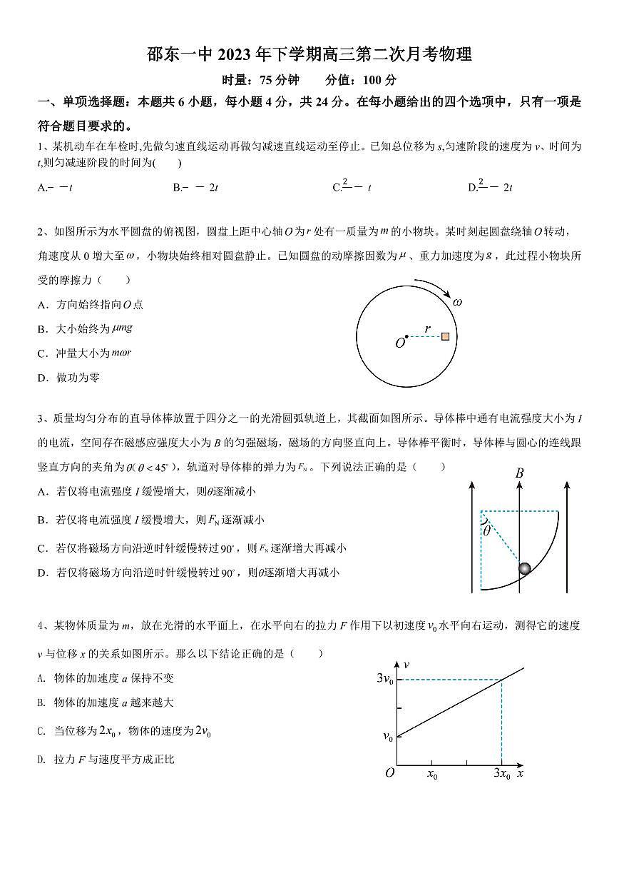 2024届湖南省邵东市第一中学高三上学期第二次月考(9月)-物理试题（含答案）第1页