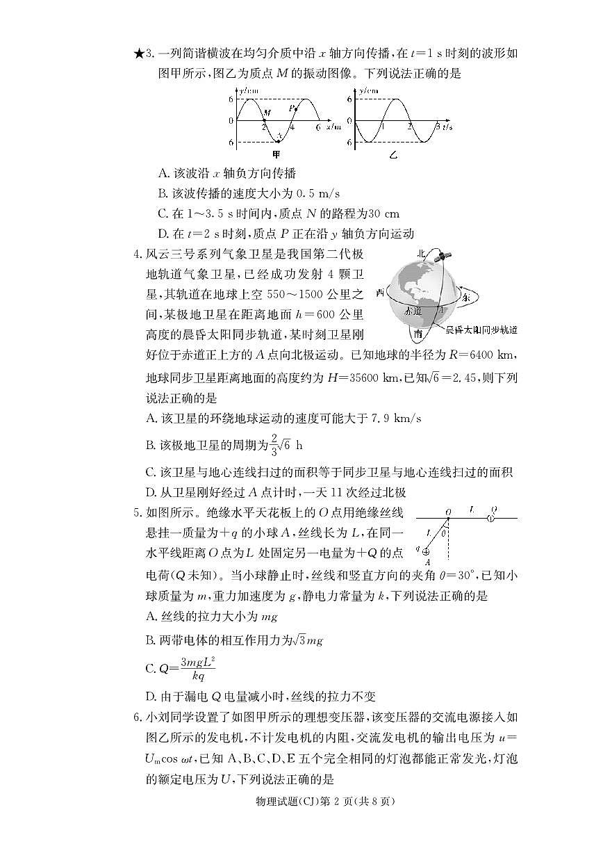 2024届湖南长沙长郡中学高三上学期（开学考）-物理试题（含答案）第2页