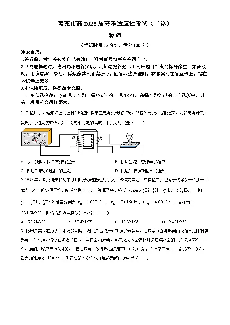 2025届四川省南充市高三下学期适应性考试（二模）物理试题 Word版无答案第1页