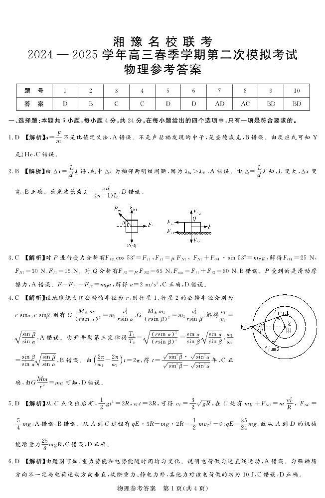 湘豫名校联考2024-2025学年高三春季学期第二次模拟考试物理答案第1页