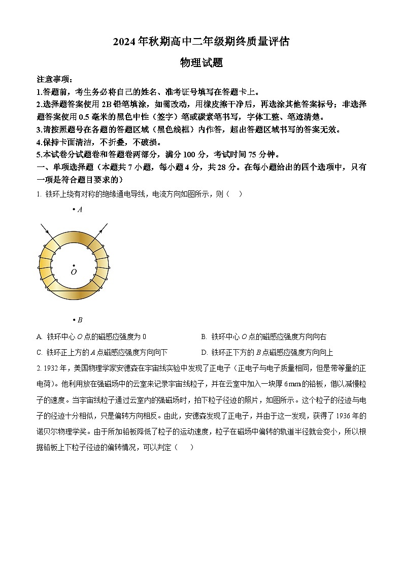 河南省南阳市2024-2025学年高二上学期1月期末考试物理试卷  Word版无答案第1页