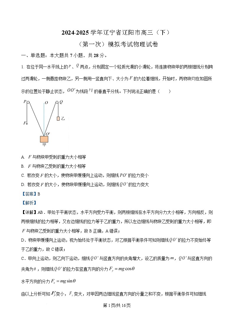 辽宁省辽阳市2025届高三下学期第一次模拟考试物理试卷 含解析第1页
