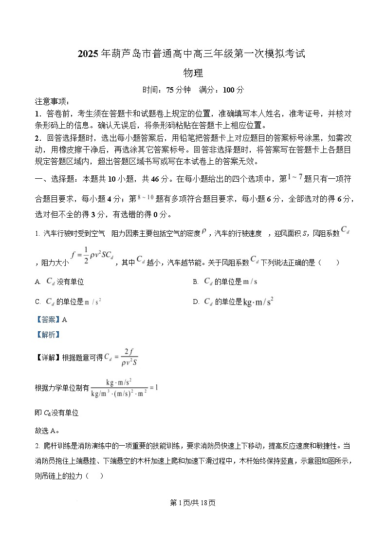 辽宁省葫芦岛市2025届高三下学期一模考试物理试卷 含解析第1页
