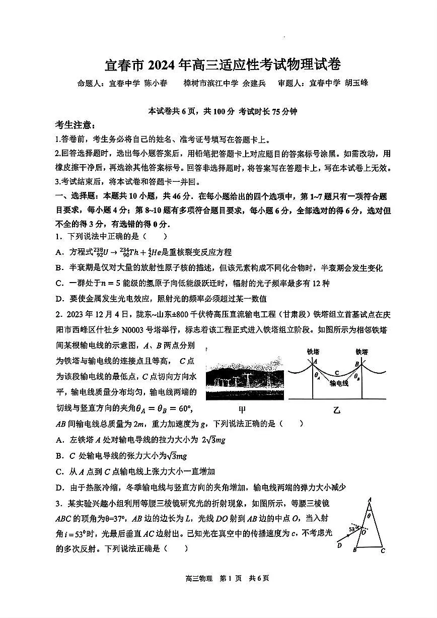 2024江西宜春市高三年级适应性考试-物理试卷（含答案）第1页