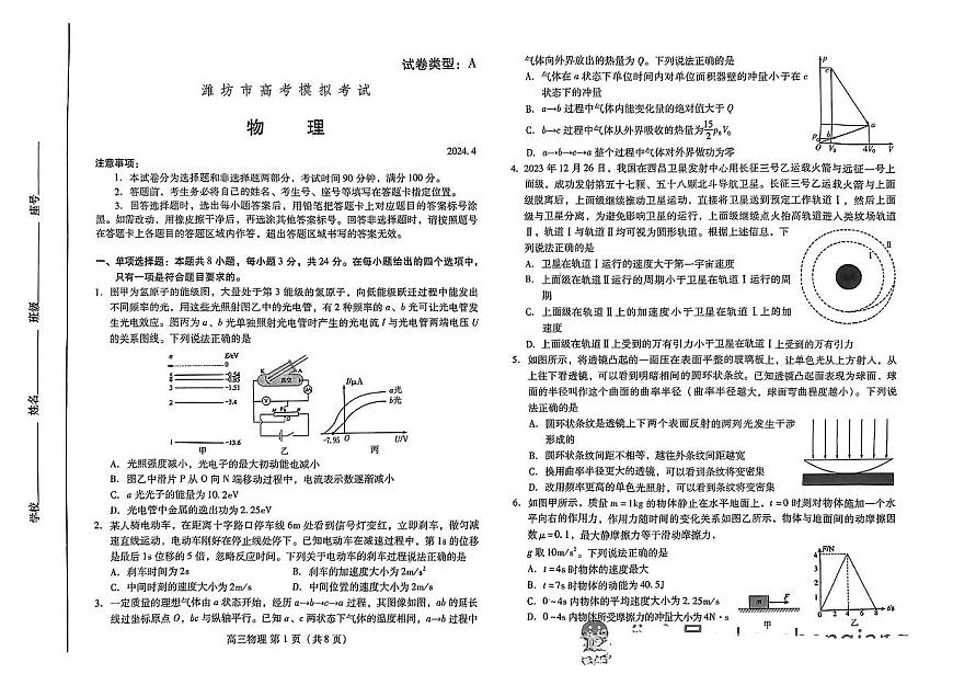 2024届山东省潍坊高三二模-物理试卷（含答案）第1页