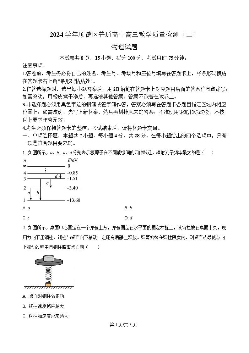 广东省佛山市顺德区2025届高三下学期二模物理试题（原卷版）第1页