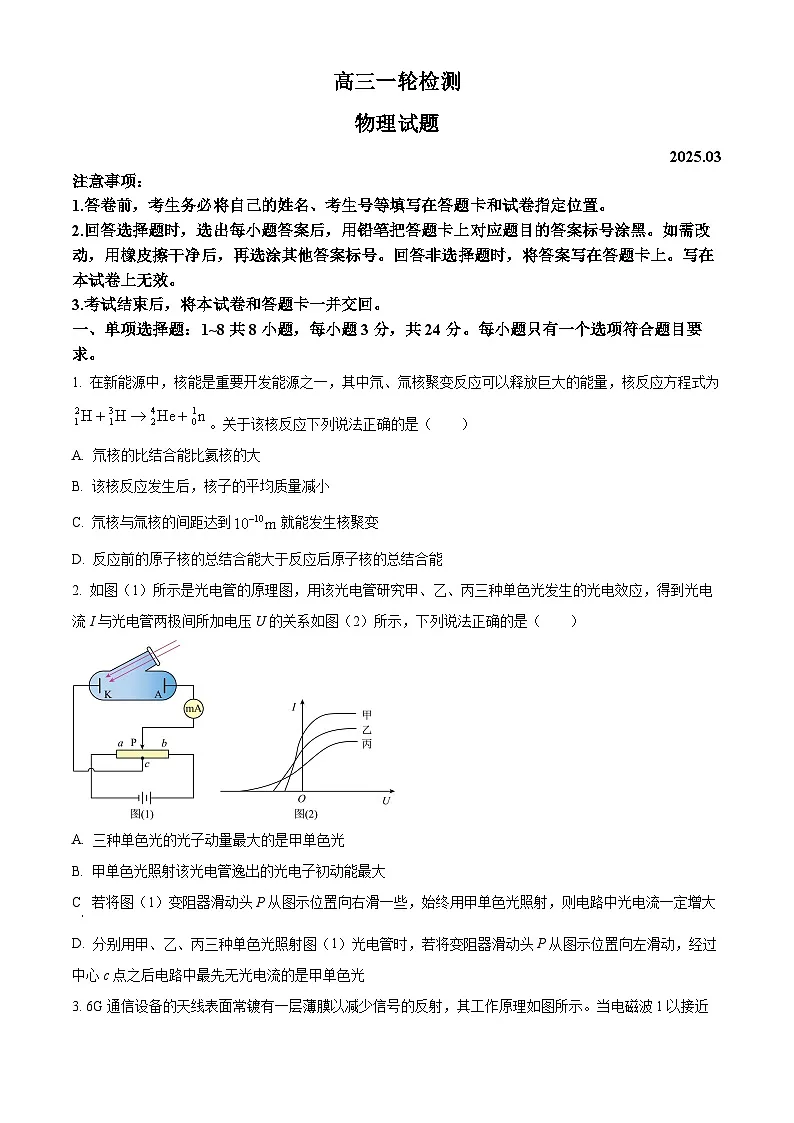 2025届山东省泰安市高三下学期3月一模物理试题 Word版无答案第1页