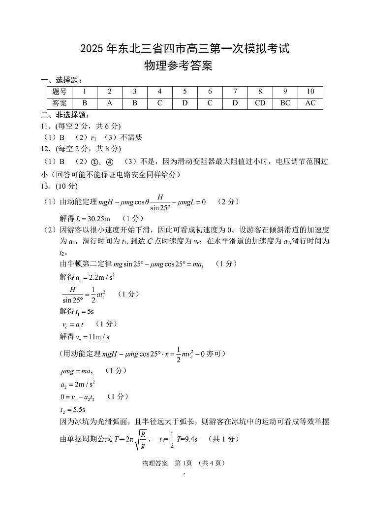 2025年东北三省四市高三第一次模拟考试物理学科参考答案(1)第1页