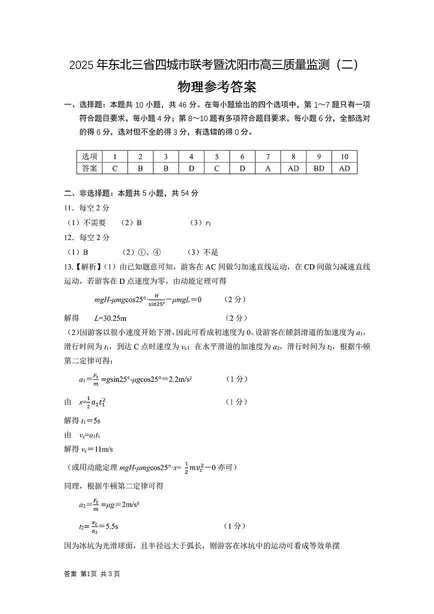 物理答案2025年东北三省四城市联考暨沈阳市高三质量监测（二）第1页