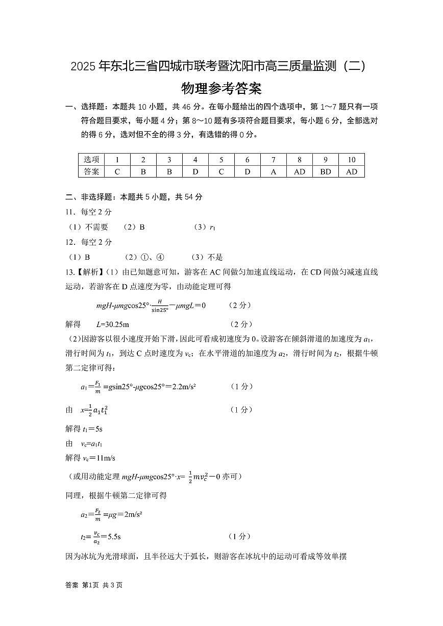 物理答案2025年东北三省四城市联考暨沈阳市高三质量监测（二）第1页