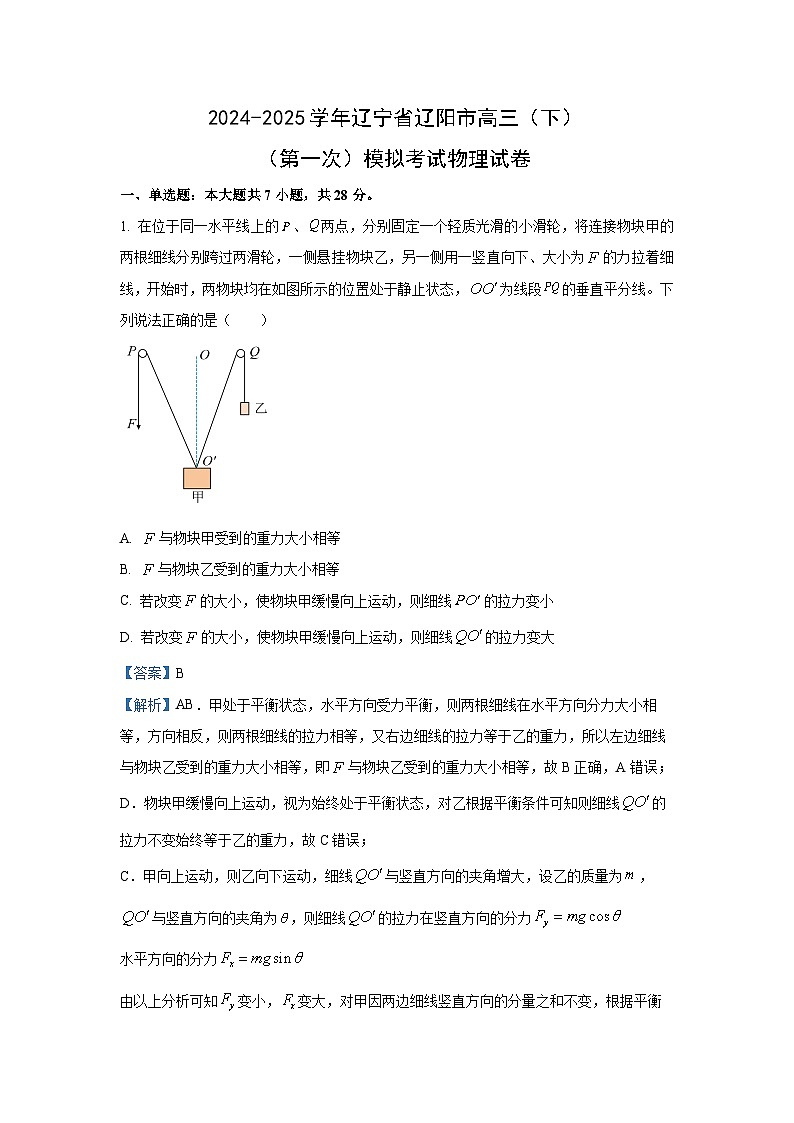 2025届辽宁省辽阳市高三下学期第一次高考模拟考试物理试卷（解析版）第1页
