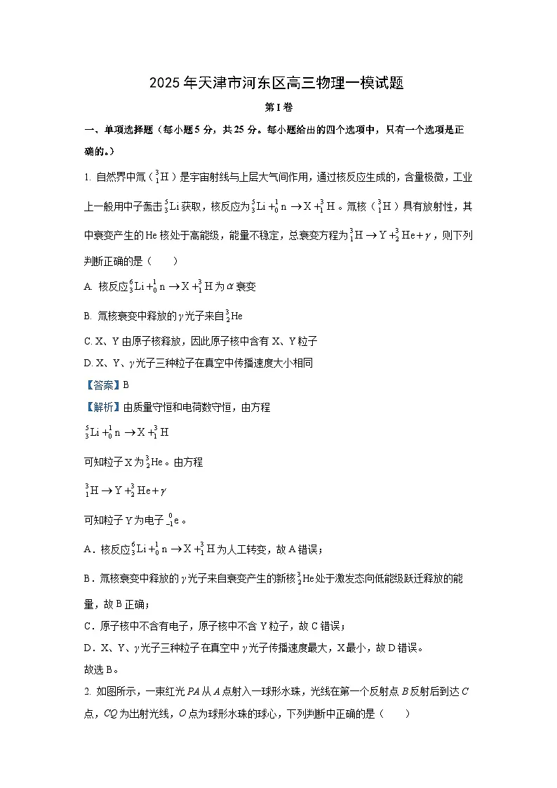 2025届天津市河东区高三下学期高考一模物理试卷（解析版）第1页