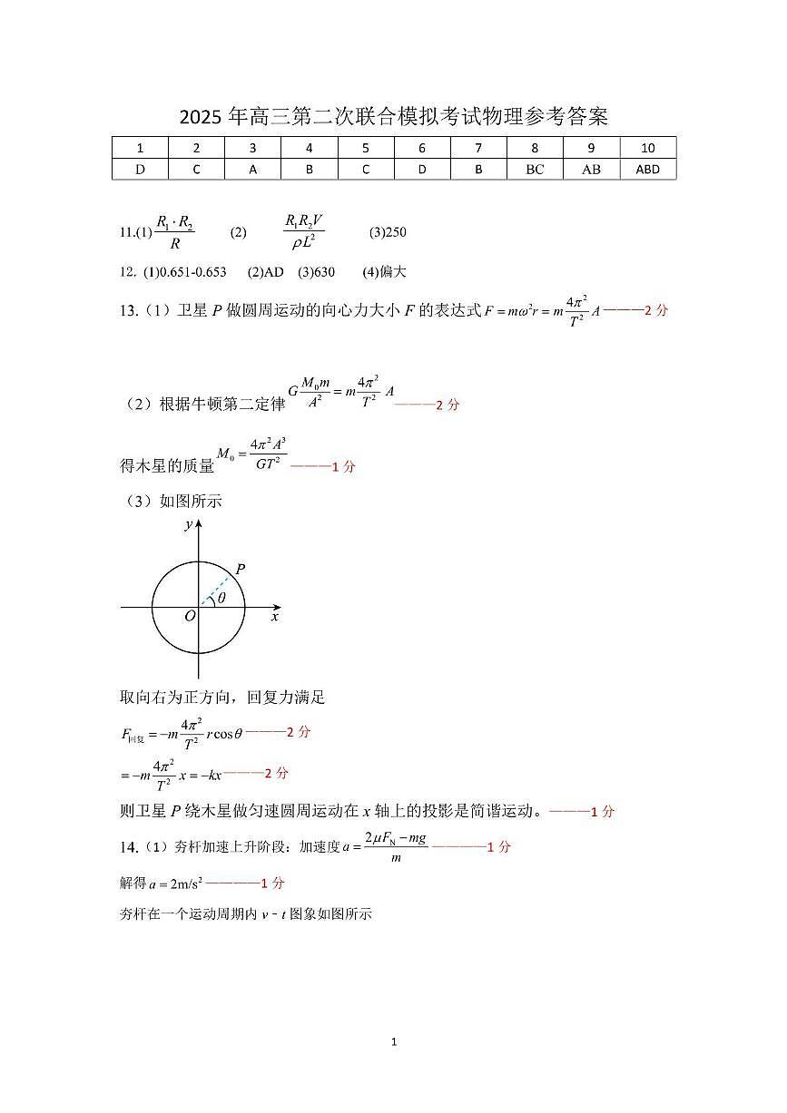 2025届东北三省三校高三下学期二模物理试题答案第1页