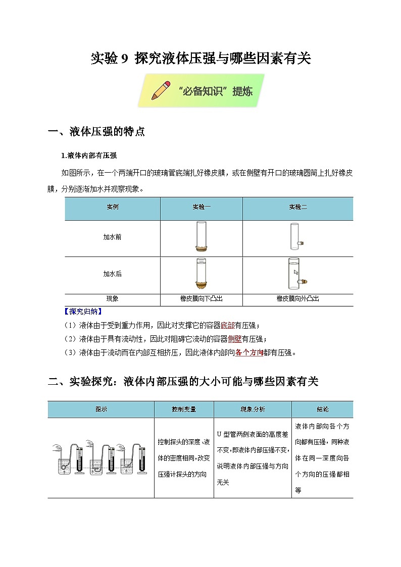 2025年高考物理第二轮专项复习（全国通用）实验9探究液体压强与哪些因素有关（学生版）第1页