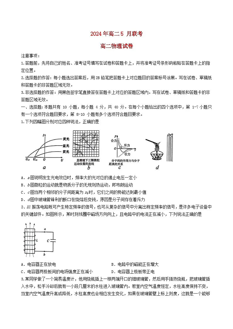 湖北省2023_2024学年高二物理下学期5月联考试题含解析第1页
