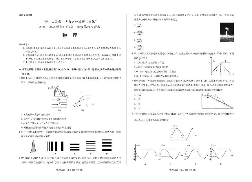 山东省天一大联考·齐鲁名校教研体2025届高三高考模拟第六次联考-物理试题+答案第1页
