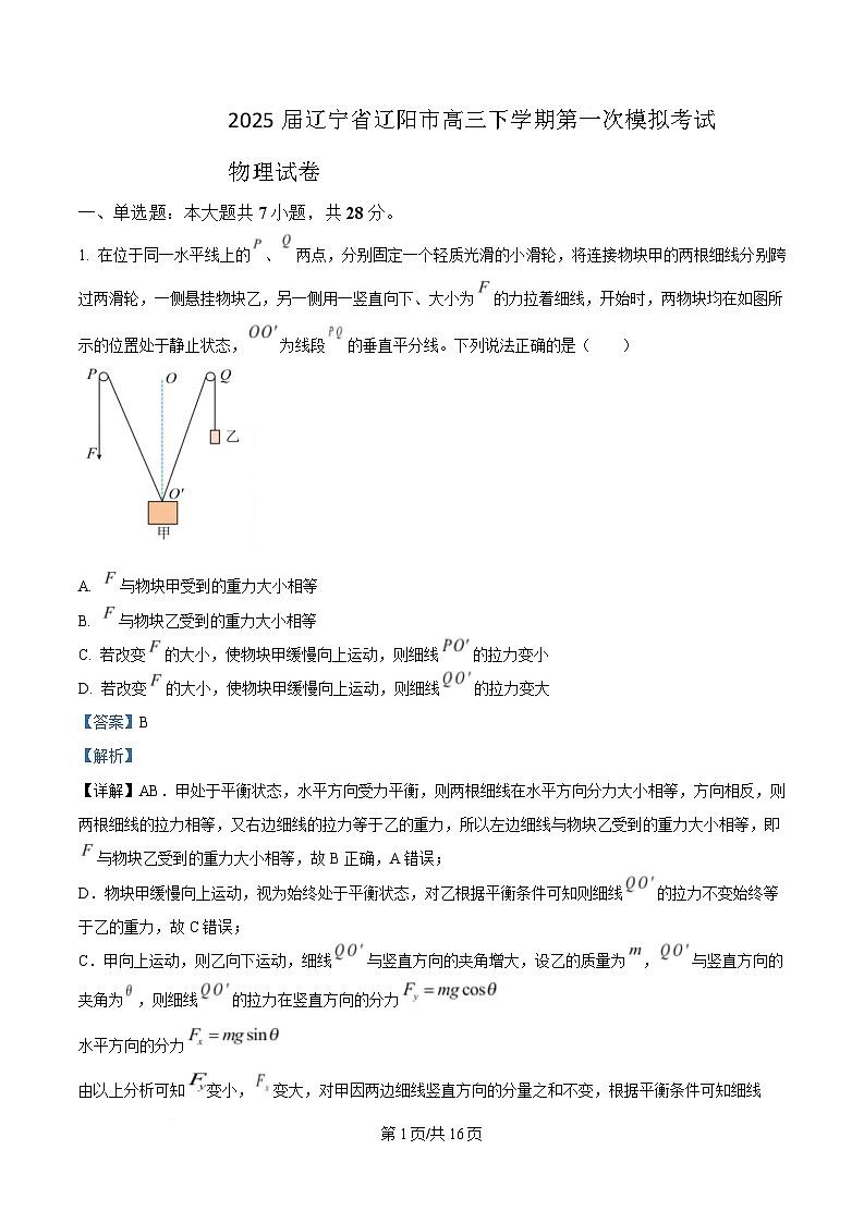 2025届辽宁省辽阳市高三下学期第一次模拟考试物理试题 （解析版）第1页