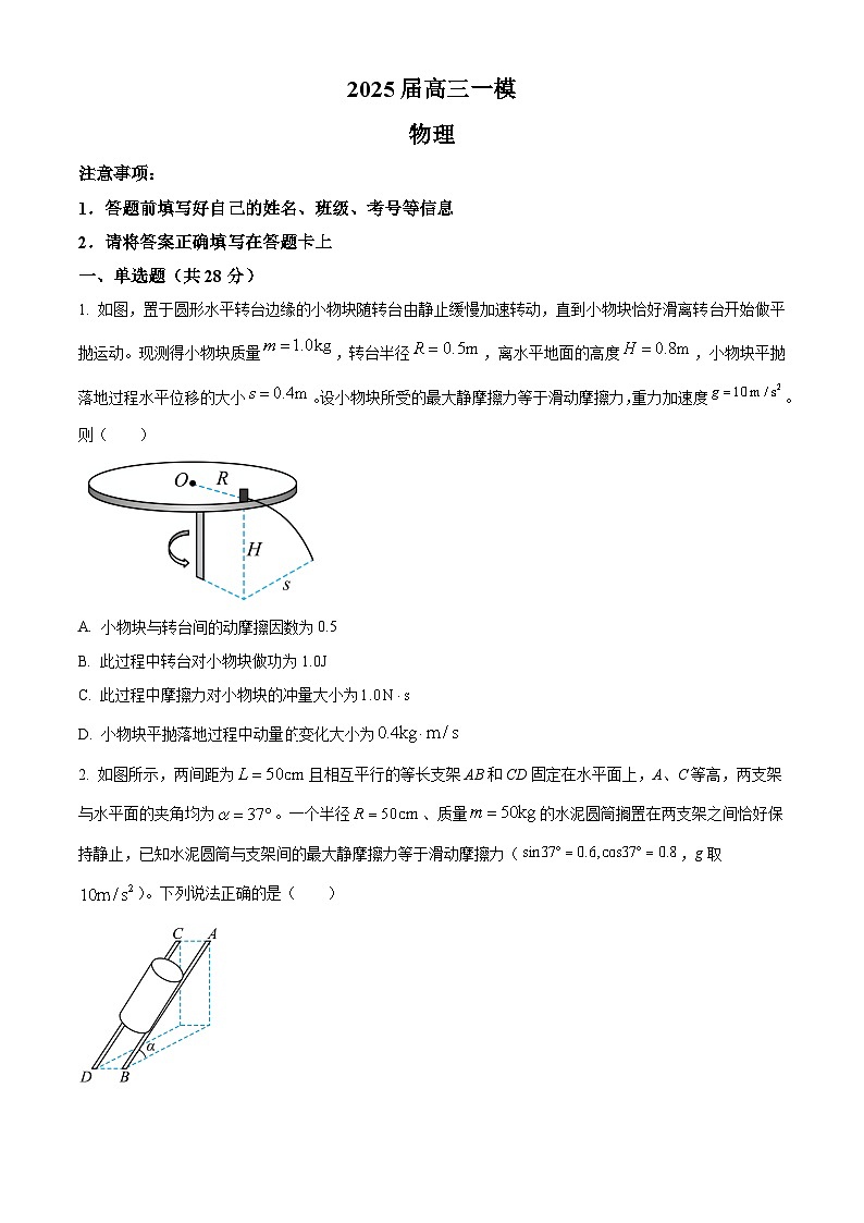 2025届湖南省常德市桃源县第一中学高三下学期一模物理试题（原卷版+解析版）第1页