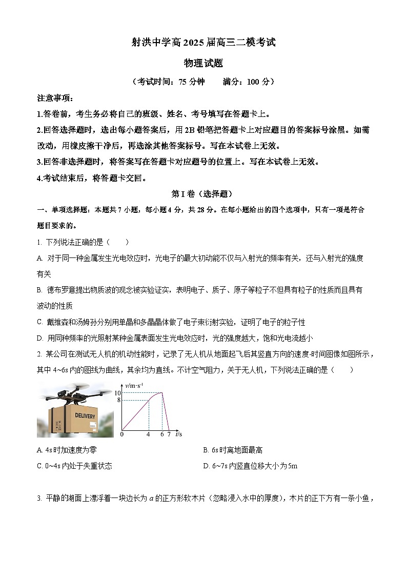 2025届四川省遂宁市射洪中学校高三下学期二模物理试题（原卷版+解析版）第1页