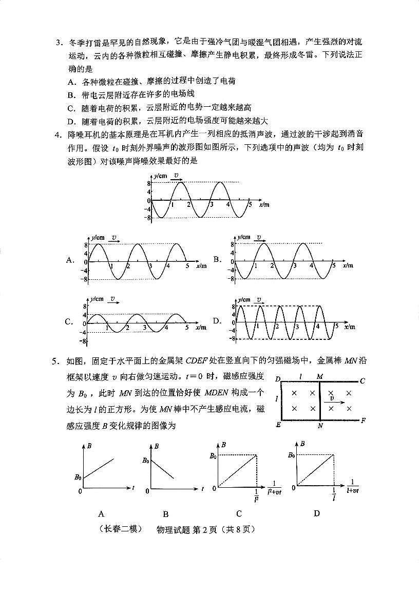 2025届吉林省长春市高三下学期质量监测（二）物理试卷（含答案）第2页