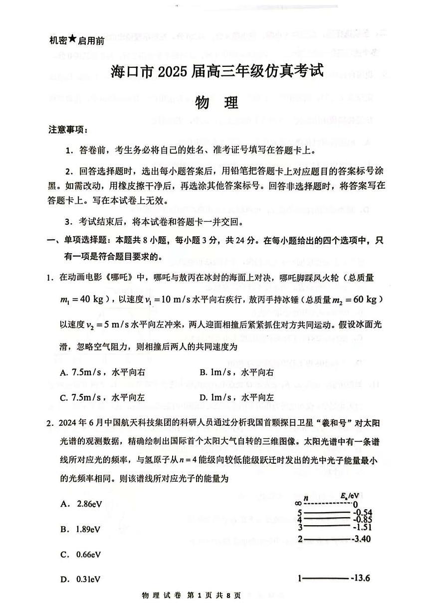 2025届海南省海口市高三下学期仿真考试物理试题第1页