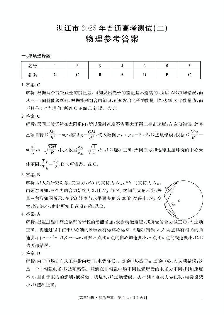 2025届湛江二模物理答案第1页