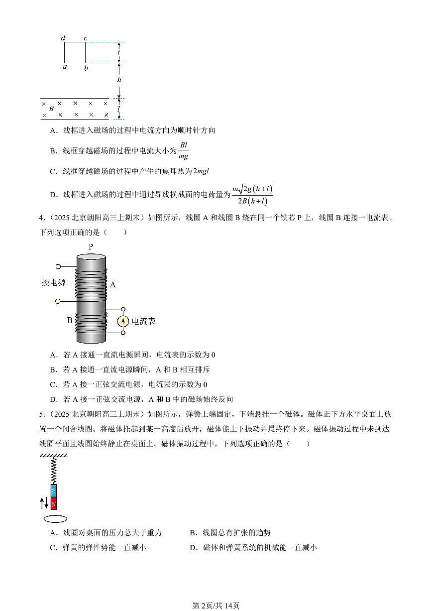 2025北京高三（上）期末真题物理汇编：电磁感应章节综合第2页