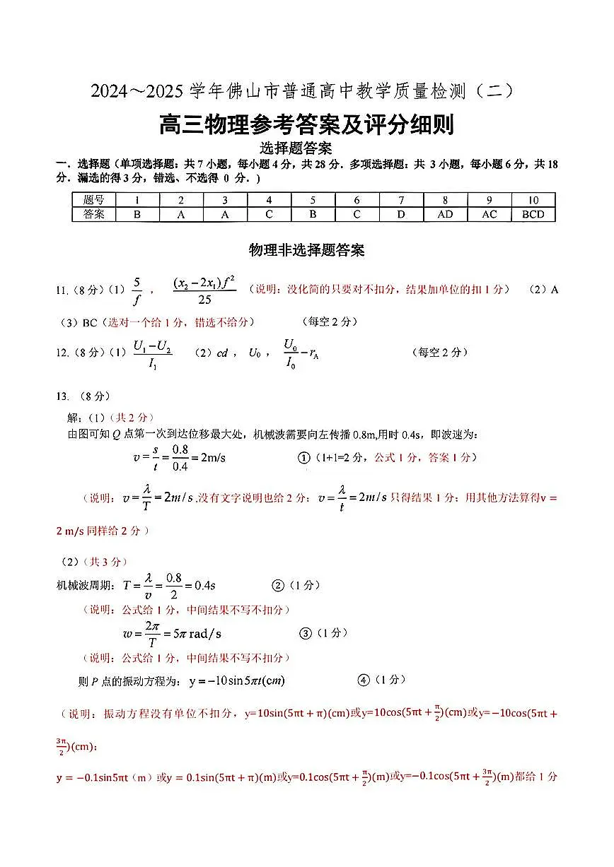 2025佛山二模物理答案第1页