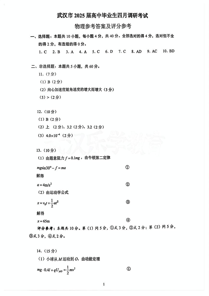 湖北省武汉市2025届高中毕业生四月调研考试物理答案第1页