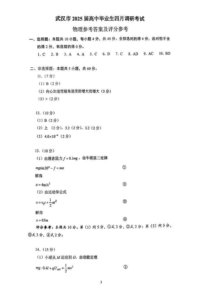 武汉市2025届高中毕业生四月调研考试-物理答案第1页