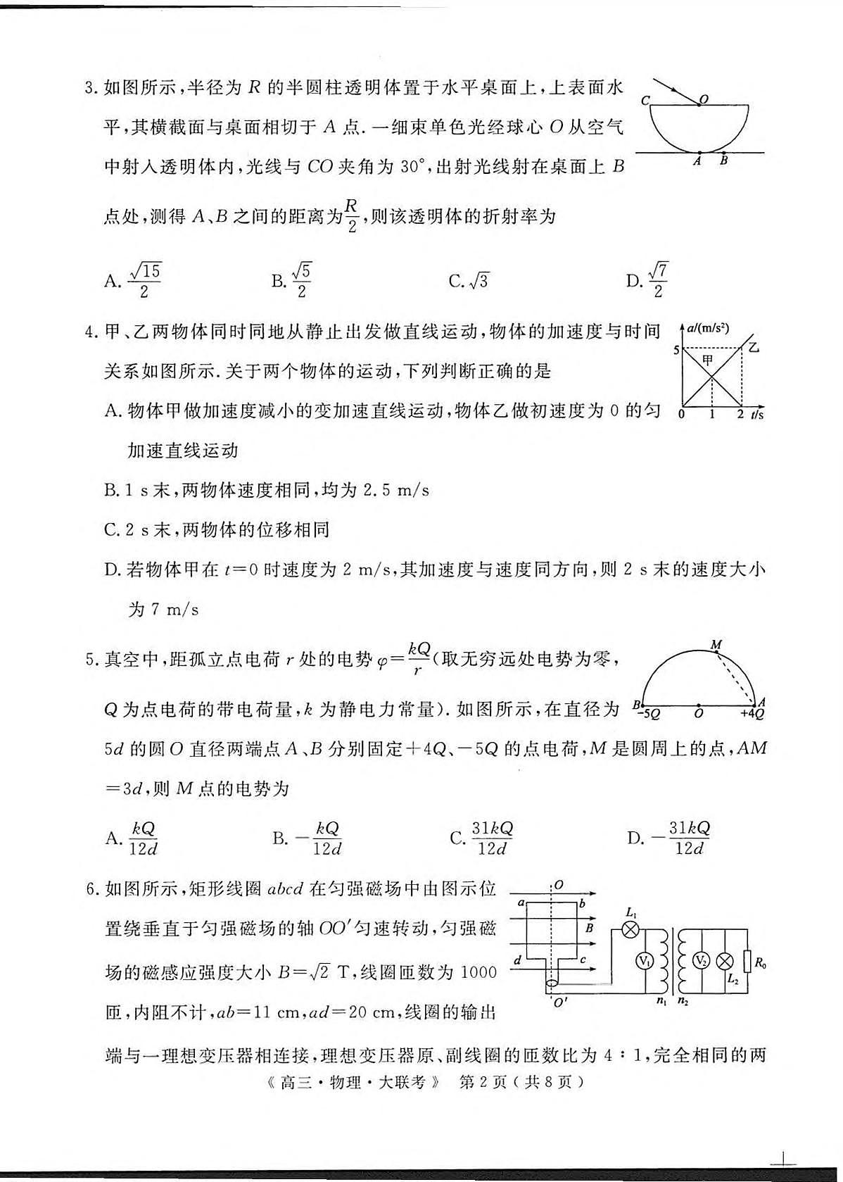 物理丨H20高中联盟2025届高三下学期4月联考物理试卷及答案第2页